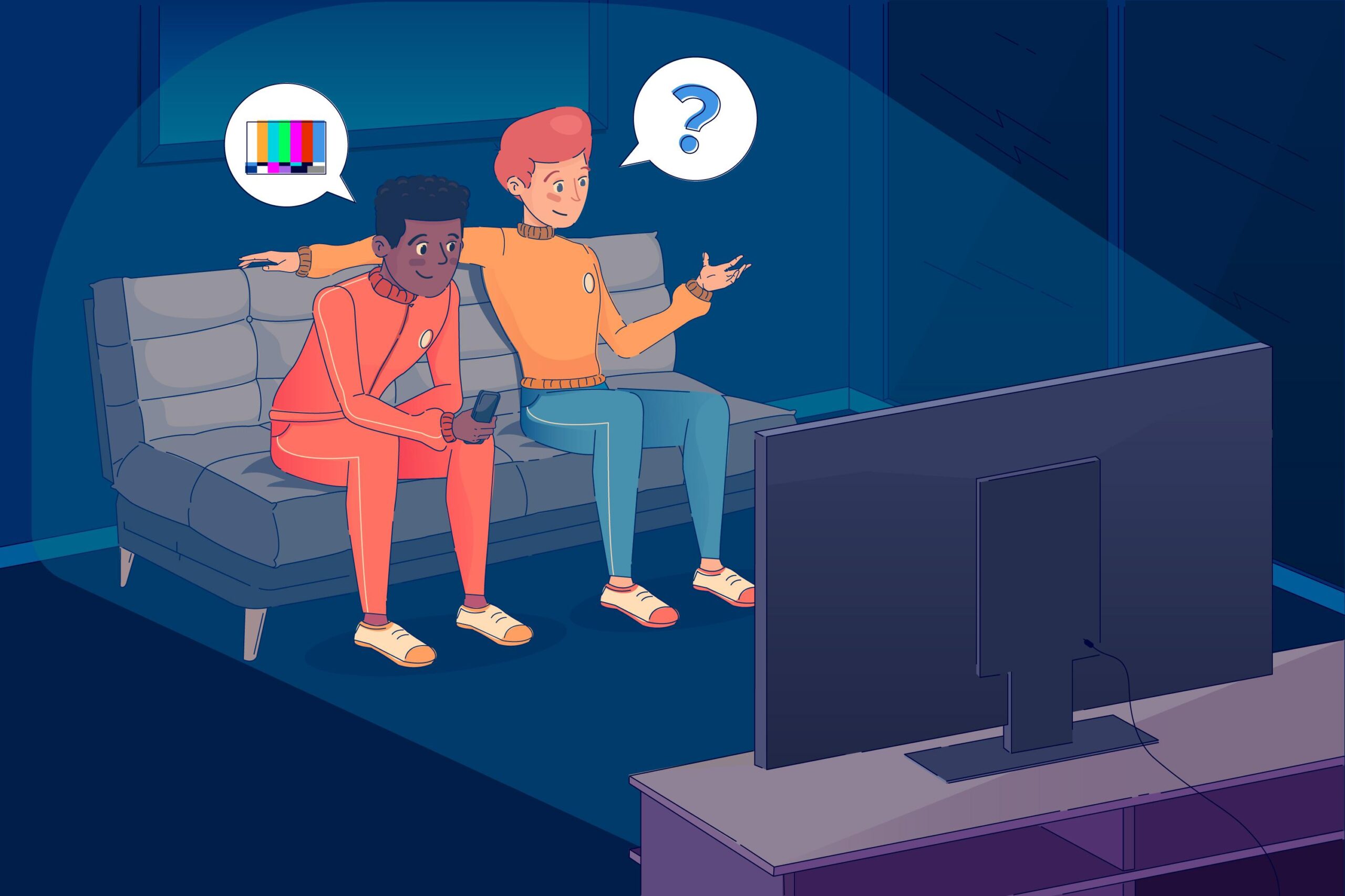 Image of two people watching TV showing two different ways of thinking